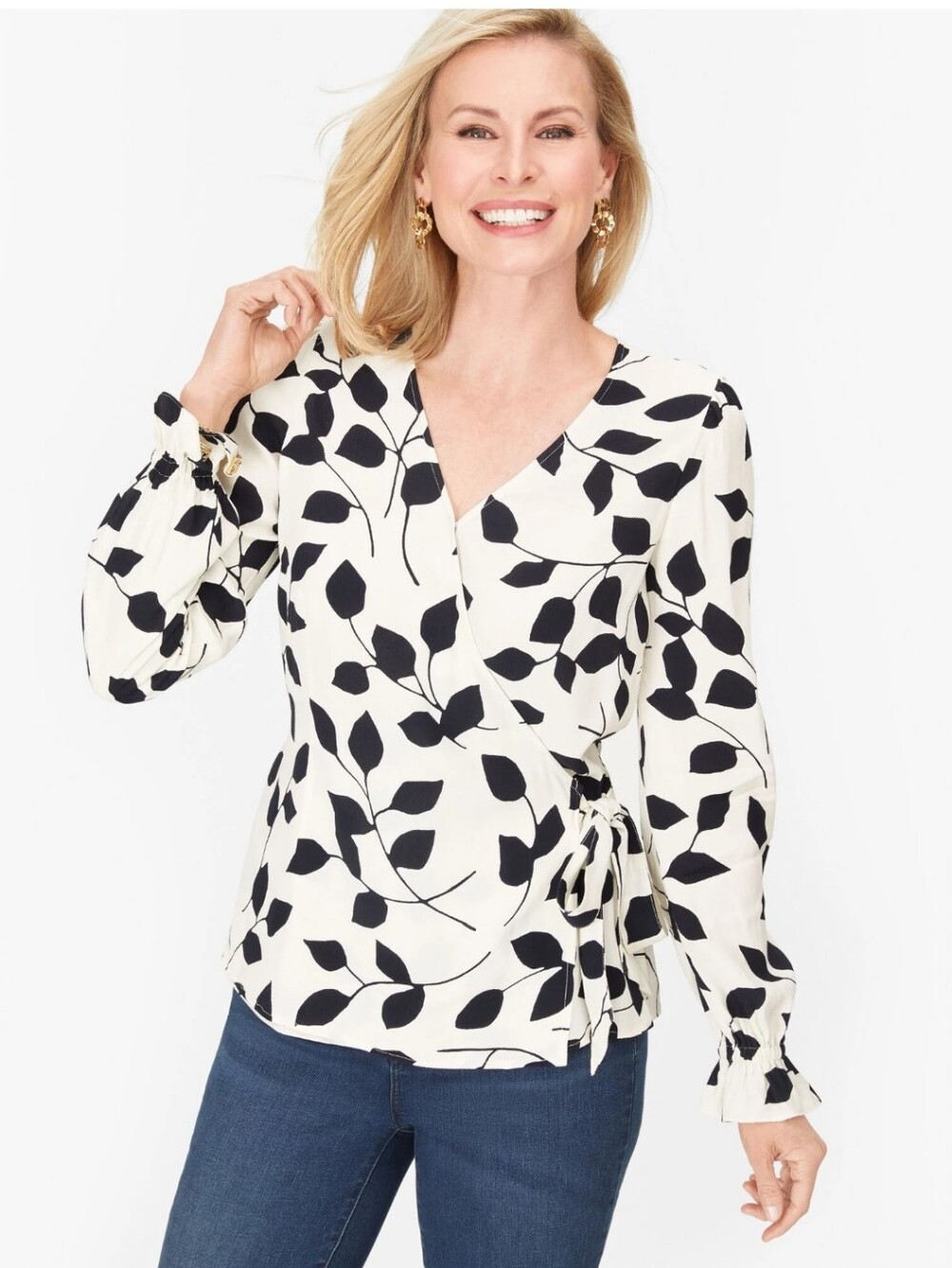 Talbots Black White Leaf Print V Neck Wrap Blouse Tie Waist Long Sleeve XS
